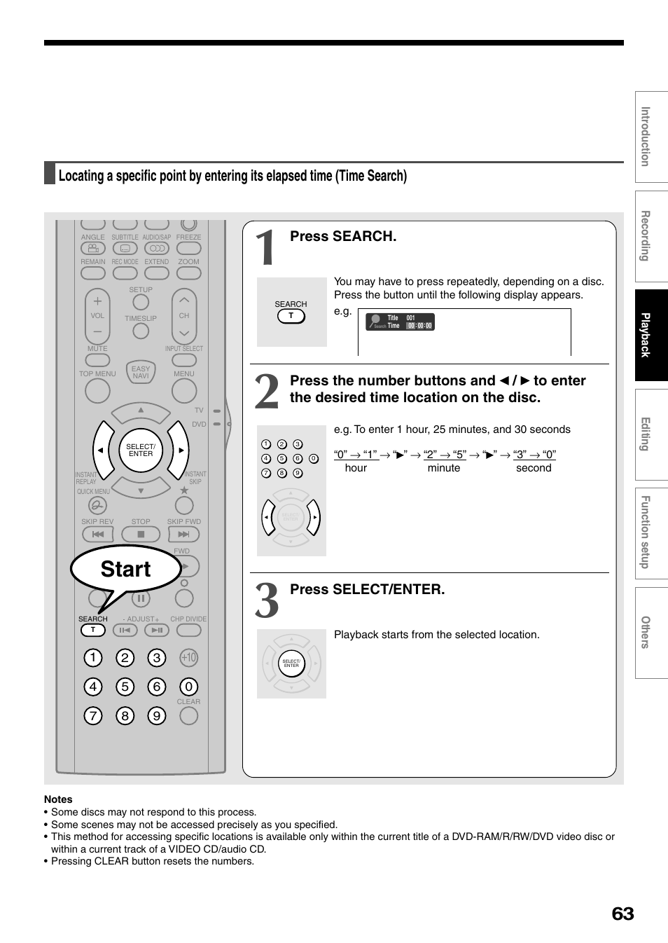 Start, Press search, Press select/enter | Toshiba DVd Video Recorder D-R4SU User Manual | Page 63 / 131