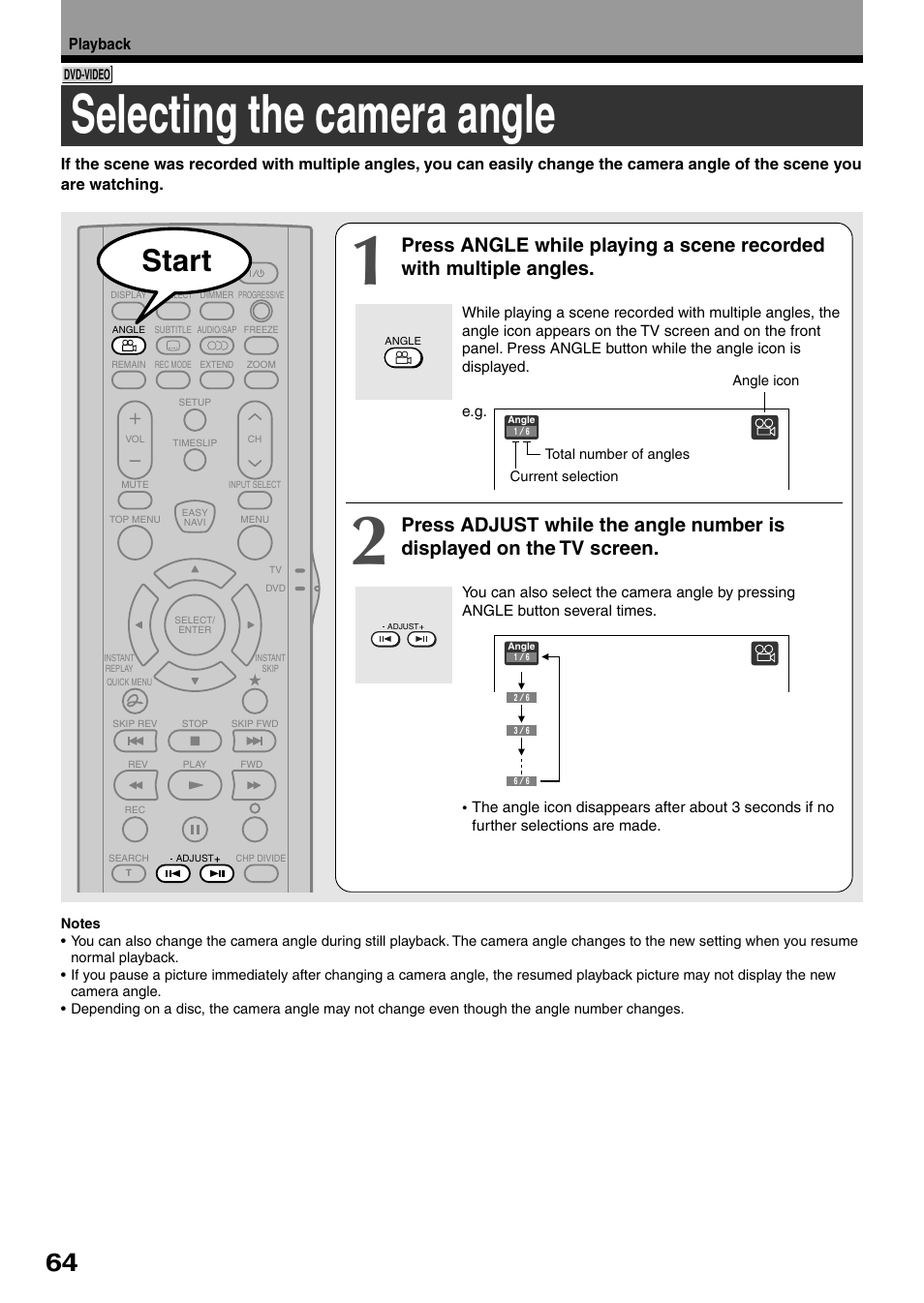 Selecting the camera angle, Start | Toshiba DVd Video Recorder D-R4SU User Manual | Page 64 / 131