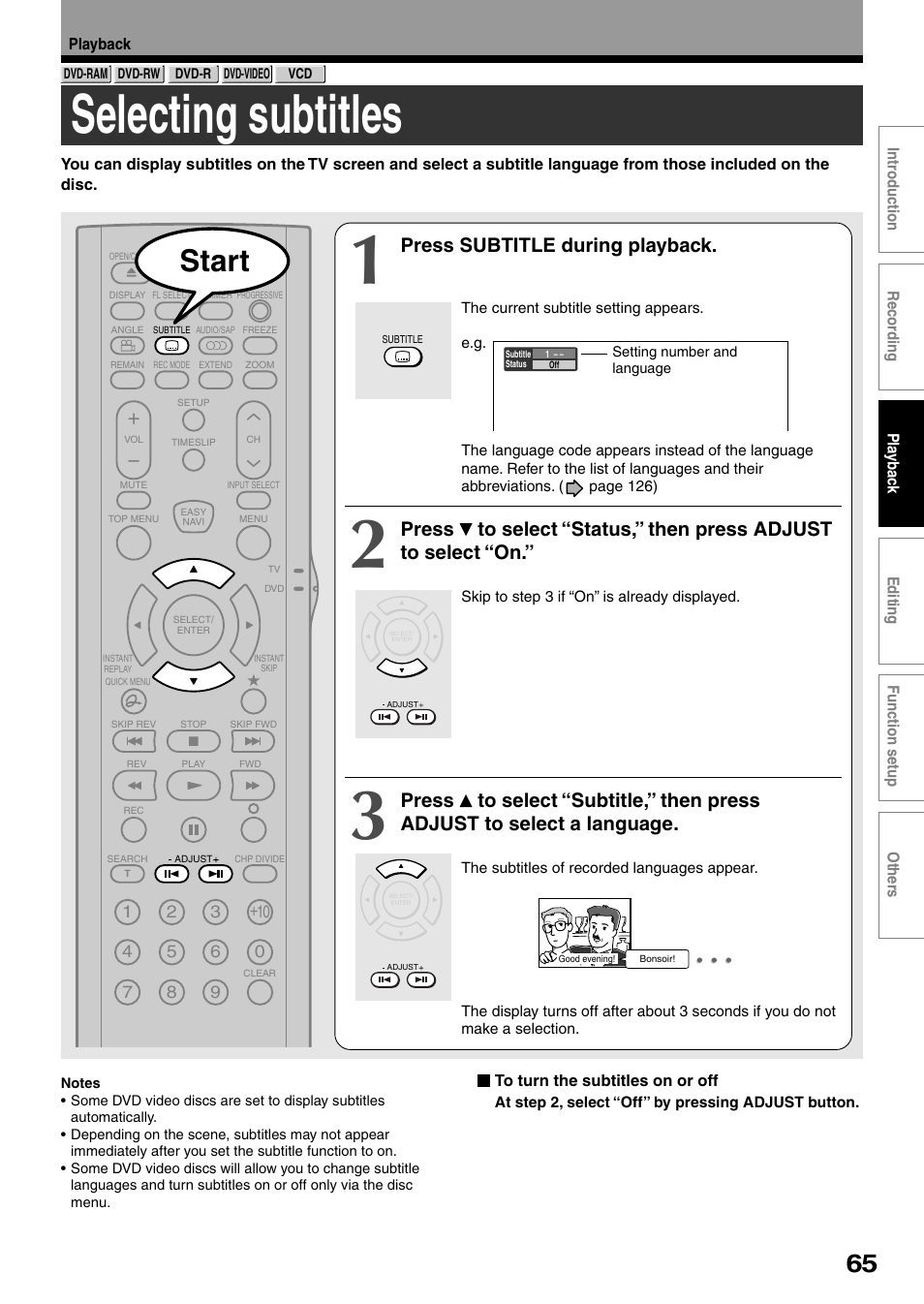 Selecting subtitles, Start, Press subtitle during playback | Toshiba DVd Video Recorder D-R4SU User Manual | Page 65 / 131