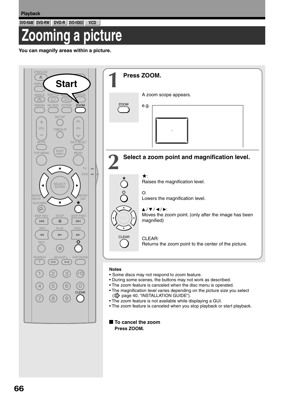 Zooming a picture, Start, Press zoom | Select a zoom point and magnification level | Toshiba DVd Video Recorder D-R4SU User Manual | Page 66 / 131