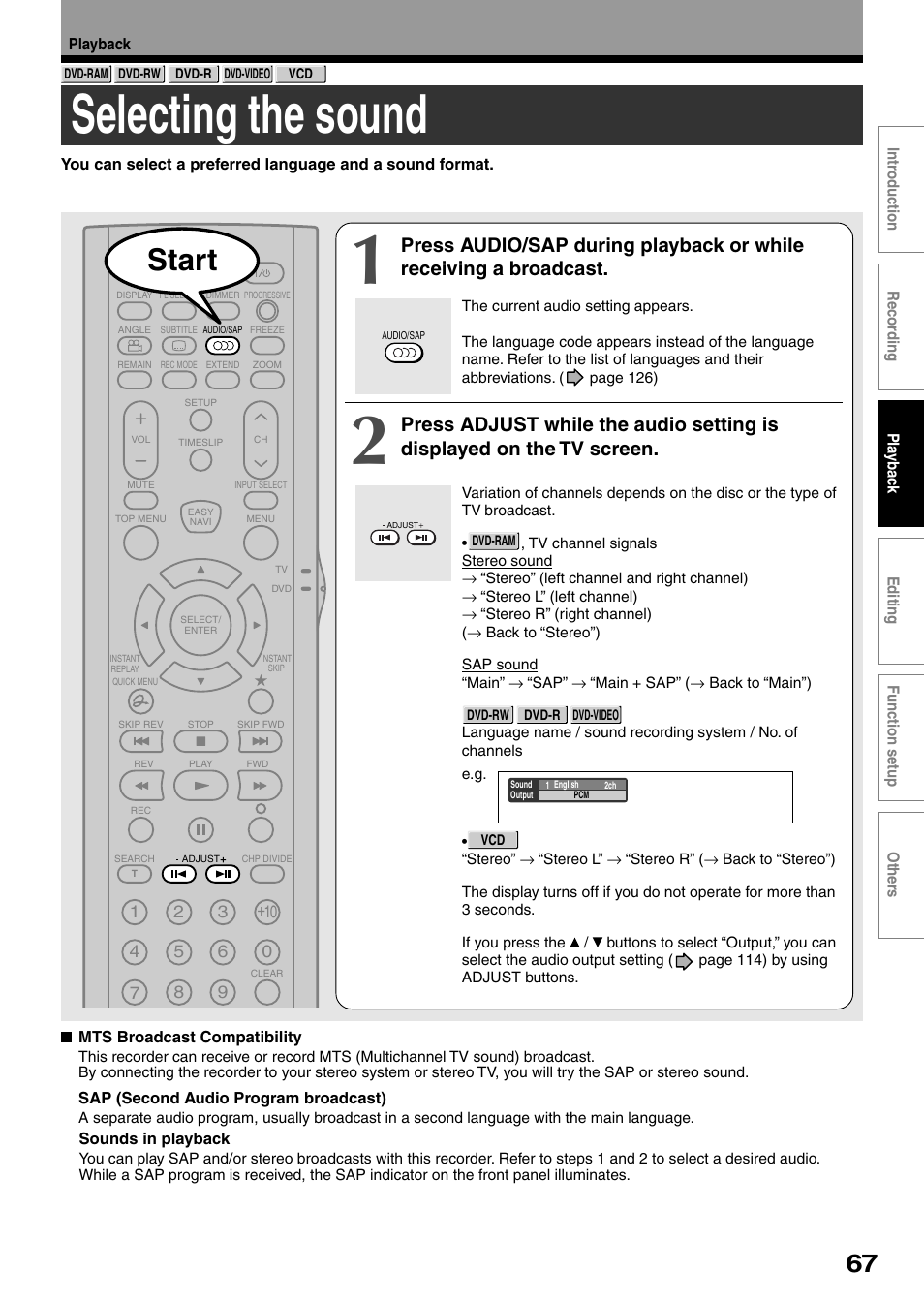 Selecting the sound, Start | Toshiba DVd Video Recorder D-R4SU User Manual | Page 67 / 131