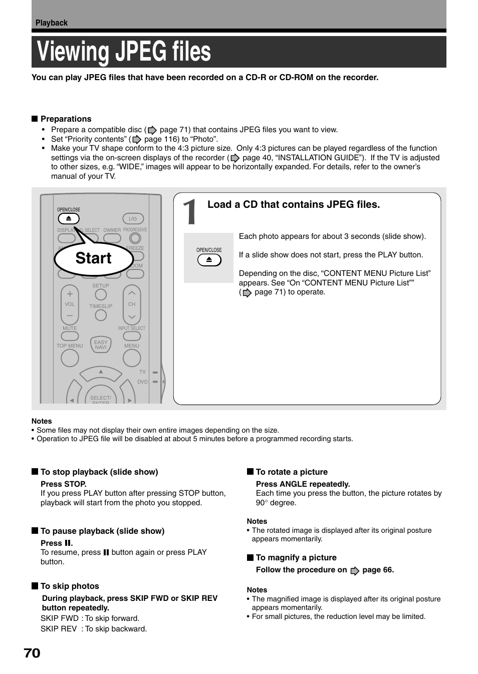 Viewing jpeg files, Start, Load a cd that contains jpeg files | Toshiba DVd Video Recorder D-R4SU User Manual | Page 70 / 131