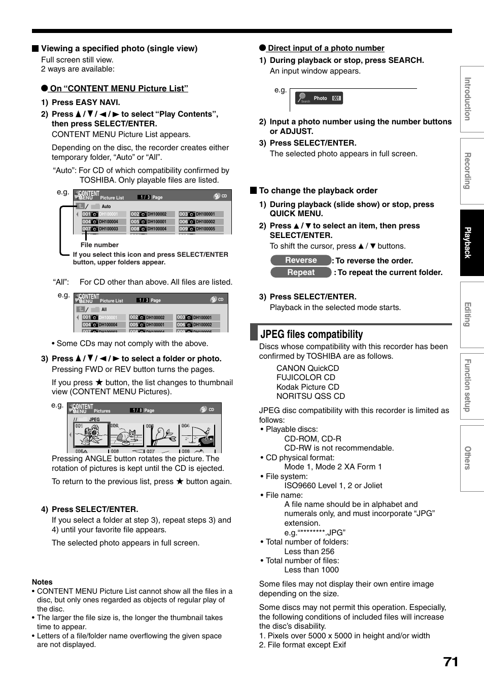 Jpeg files compatibility, Reverse, Repeat | Viewing a specified photo (single view), On “content menu picture list | Toshiba DVd Video Recorder D-R4SU User Manual | Page 71 / 131