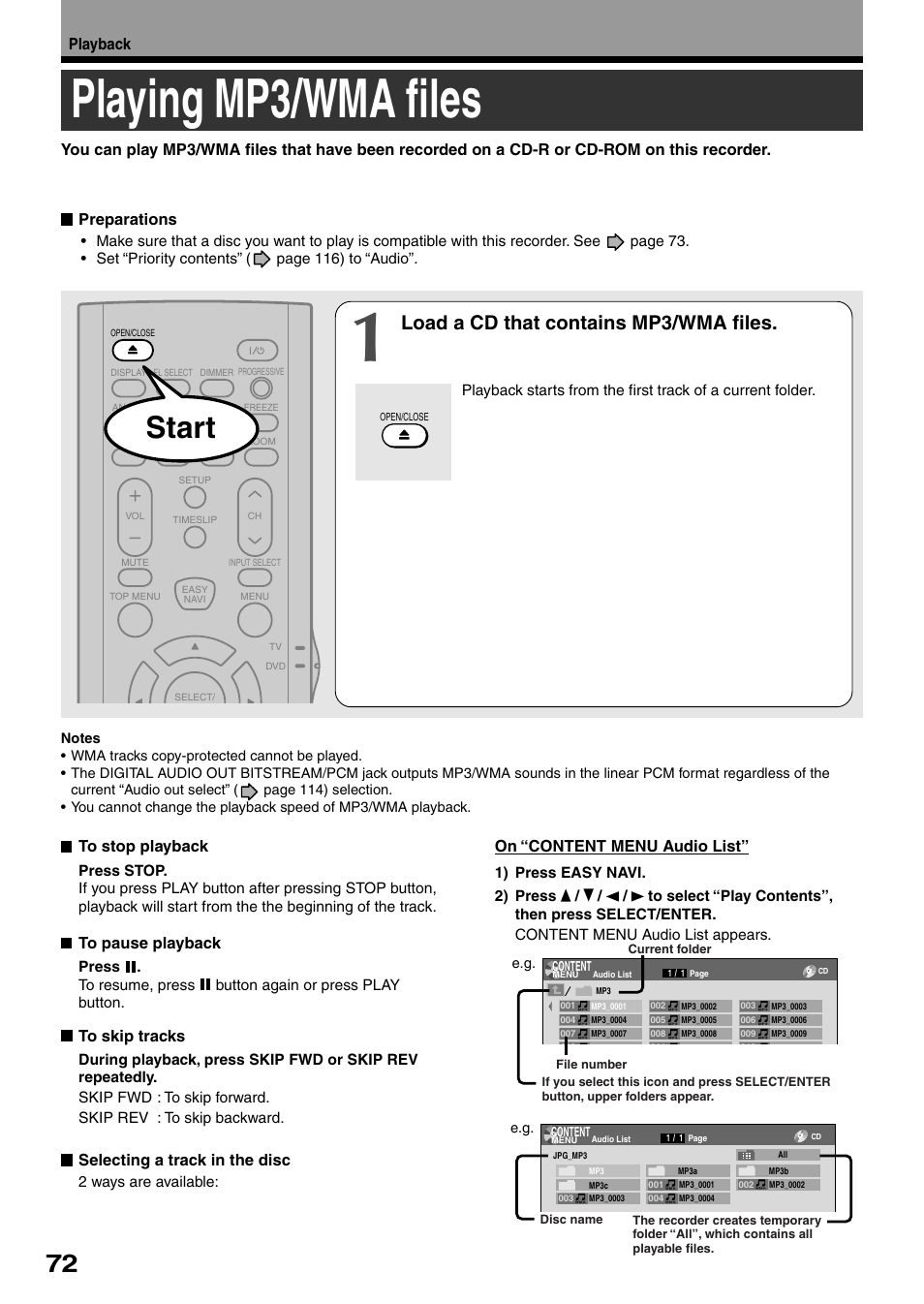 Playing mp3/wma files, Start, Load a cd that contains mp3/wma files | On “content menu audio list, Selecting a track in the disc | Toshiba DVd Video Recorder D-R4SU User Manual | Page 72 / 131