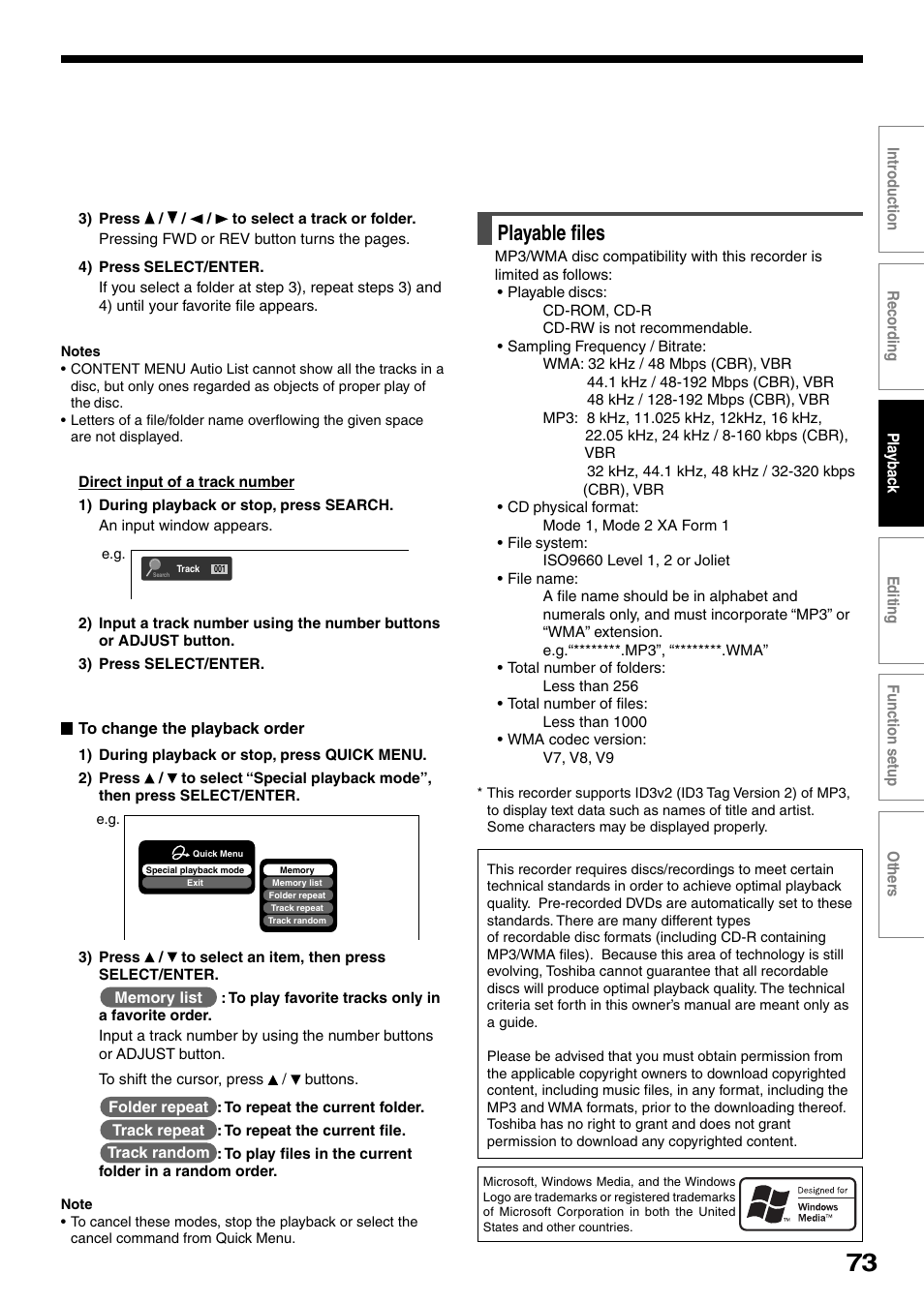 Playable files | Toshiba DVd Video Recorder D-R4SU User Manual | Page 73 / 131