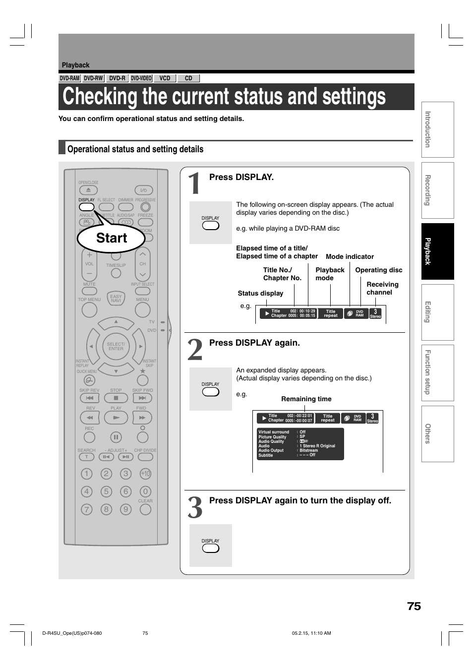 Checking the current status and settings, Start, Operational status and setting details | Press display, Press display again, Press display again to turn the display off | Toshiba DVd Video Recorder D-R4SU User Manual | Page 75 / 131