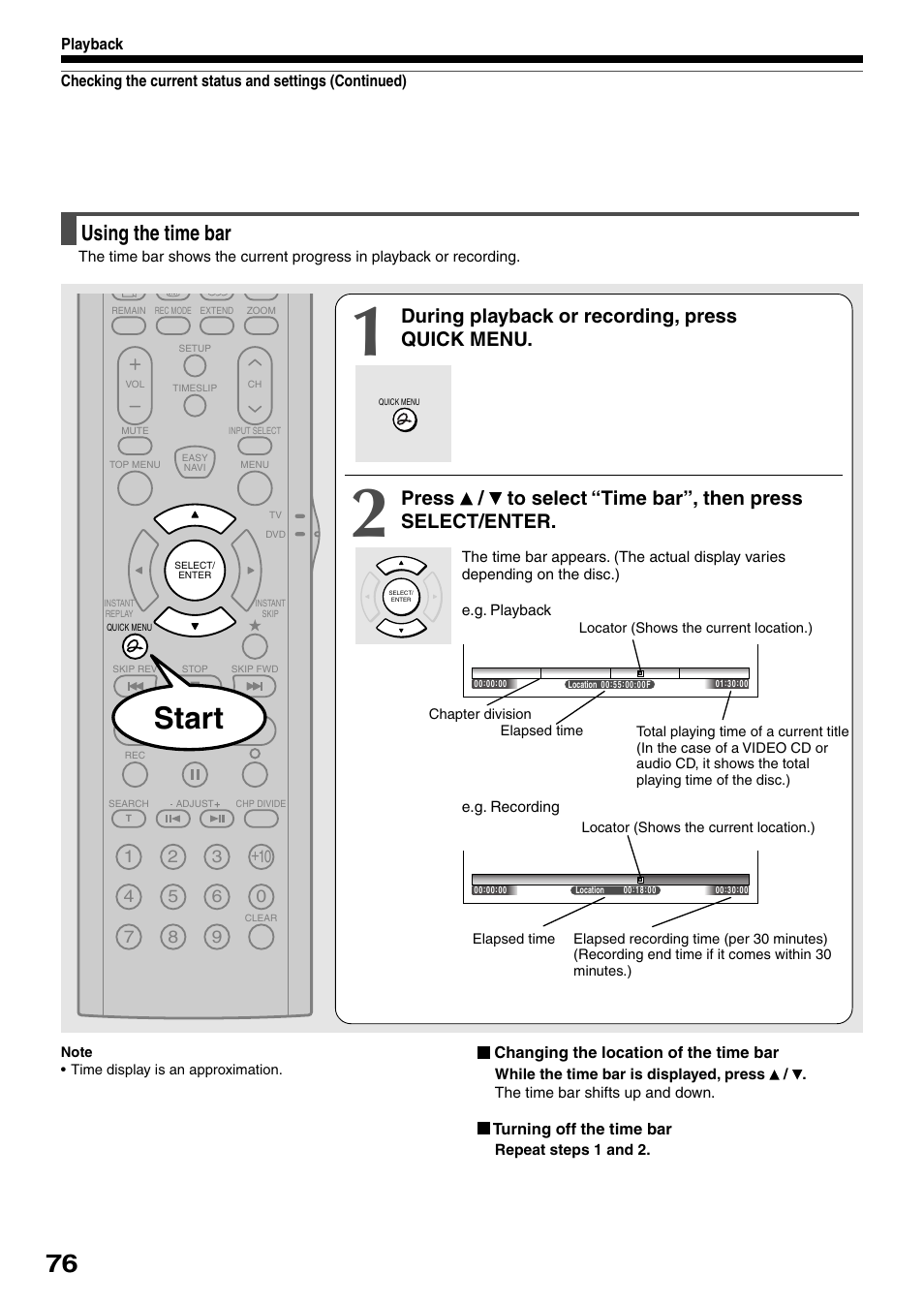 Start, Using the time bar, During playback or recording, press quick menu | Toshiba DVd Video Recorder D-R4SU User Manual | Page 76 / 131