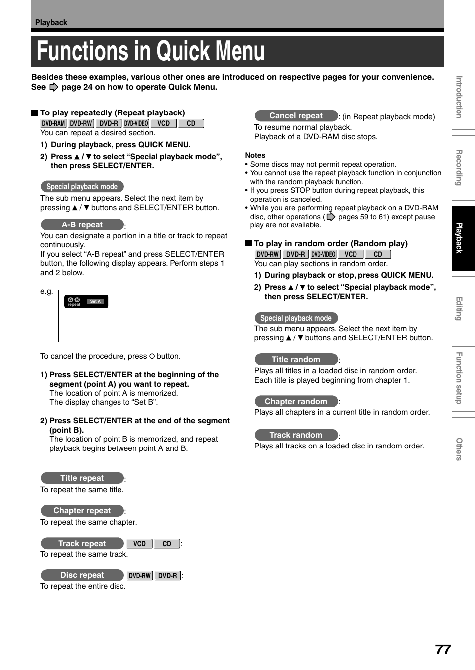 Functions in quick menu | Toshiba DVd Video Recorder D-R4SU User Manual | Page 77 / 131
