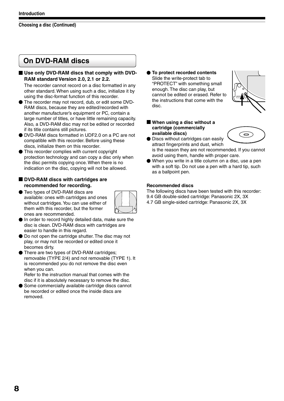 On dvd-ram discs | Toshiba DVd Video Recorder D-R4SU User Manual | Page 8 / 131