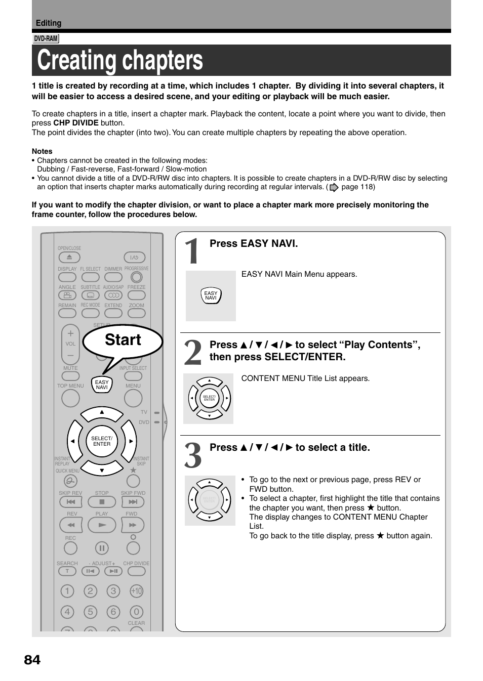 Creating chapters, Start, Press easy navi | Press / / / to select a title | Toshiba DVd Video Recorder D-R4SU User Manual | Page 84 / 131