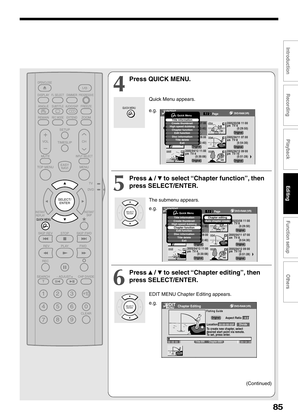 Press quick menu | Toshiba DVd Video Recorder D-R4SU User Manual | Page 85 / 131
