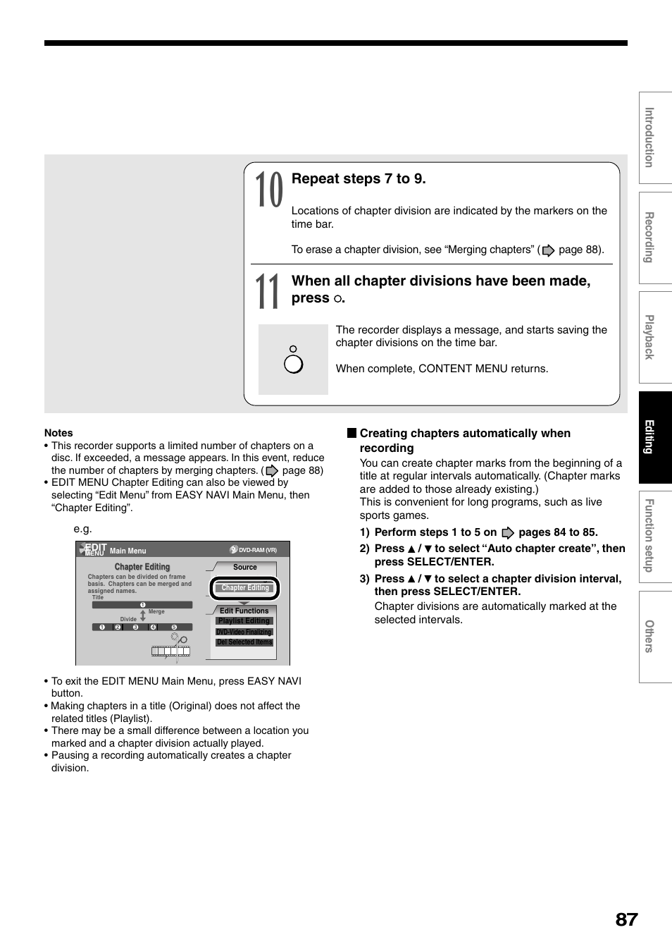 Repeat steps 7 to 9, When all chapter divisions have been made, press | Toshiba DVd Video Recorder D-R4SU User Manual | Page 87 / 131