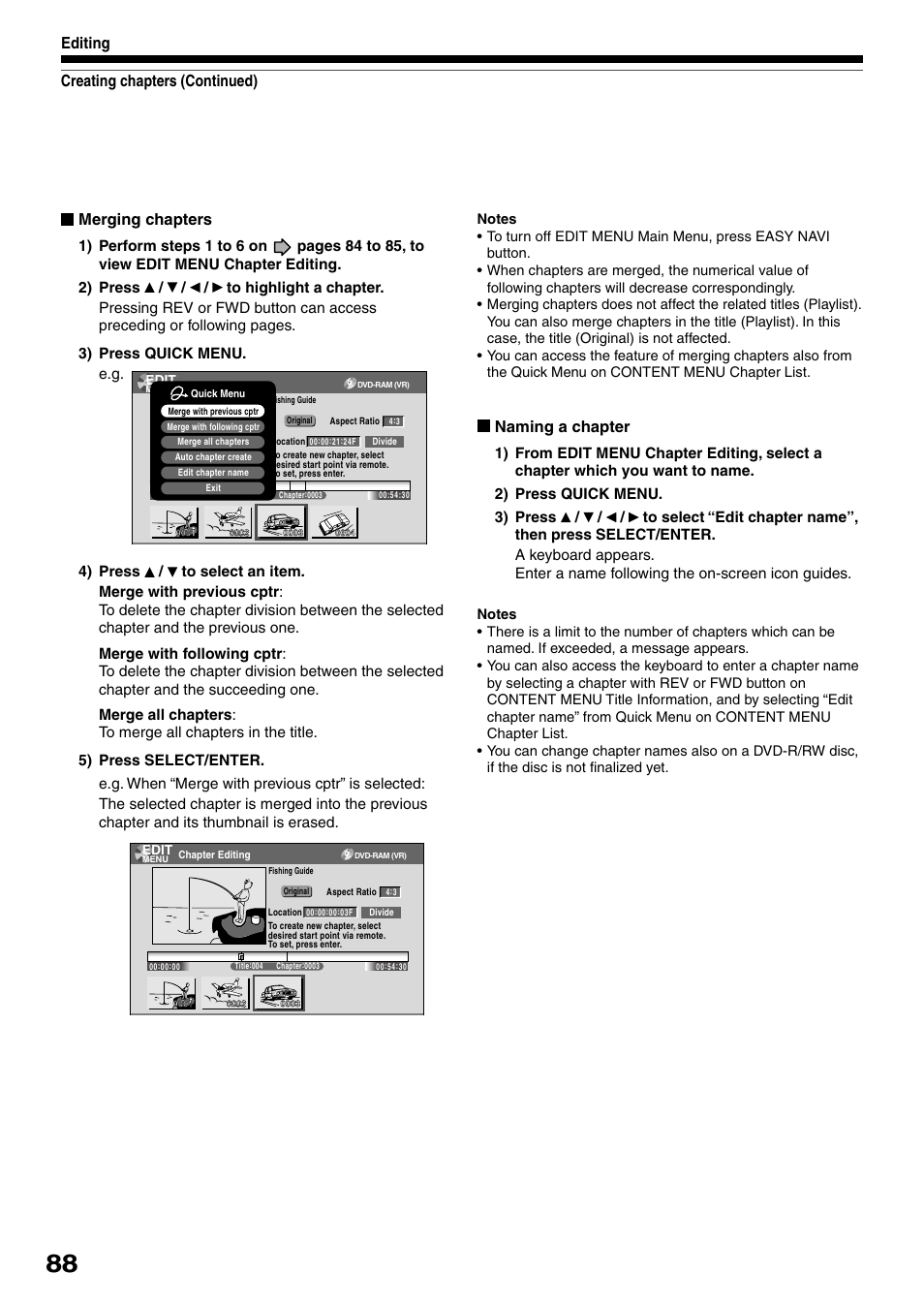 Merging chapters, Naming a chapter, Creating chapters (continued) editing | Toshiba DVd Video Recorder D-R4SU User Manual | Page 88 / 131