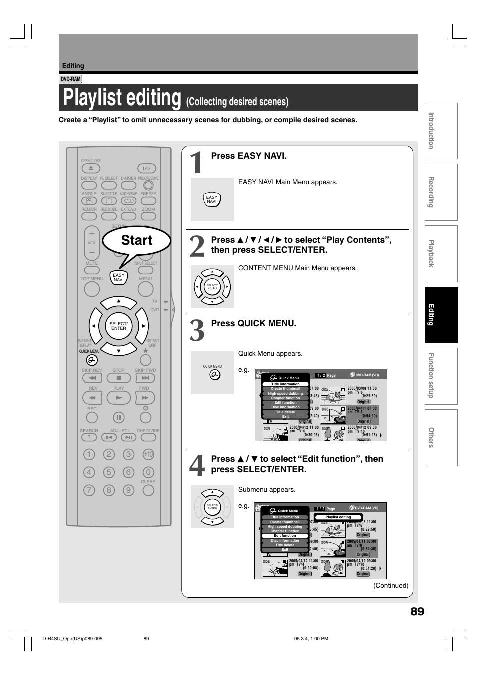 Playlist editing, Start, Collecting desired scenes) | Press easy navi, Press quick menu | Toshiba DVd Video Recorder D-R4SU User Manual | Page 89 / 131