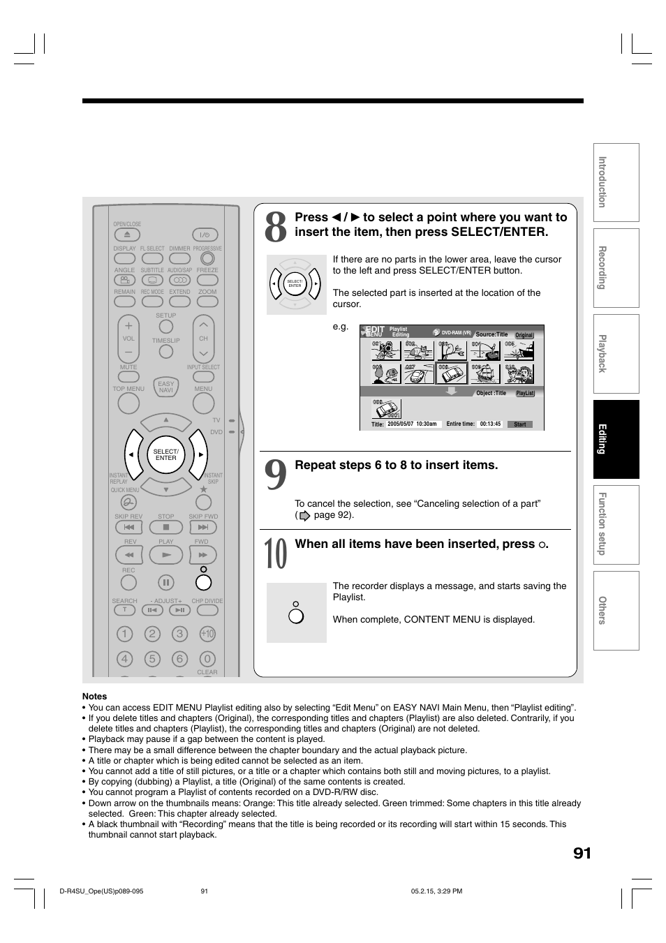 Repeat steps 6 to 8 to insert items, When all items have been inserted, press | Toshiba DVd Video Recorder D-R4SU User Manual | Page 91 / 131