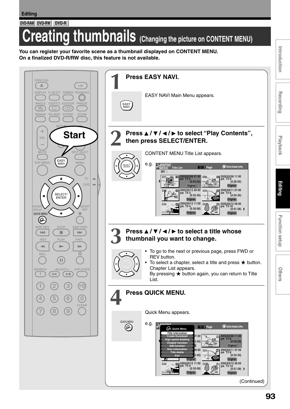 Creating thumbnails, Start, Changing the picture on content menu) | Press easy navi, Press quick menu | Toshiba DVd Video Recorder D-R4SU User Manual | Page 93 / 131