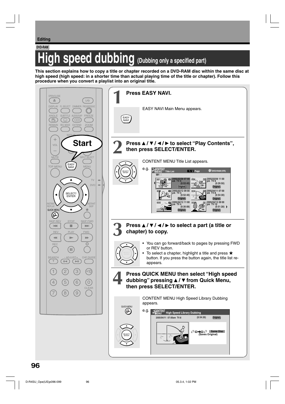 High speed dubbing, Start, Dubbing only a specified part) | Press easy navi | Toshiba DVd Video Recorder D-R4SU User Manual | Page 96 / 131