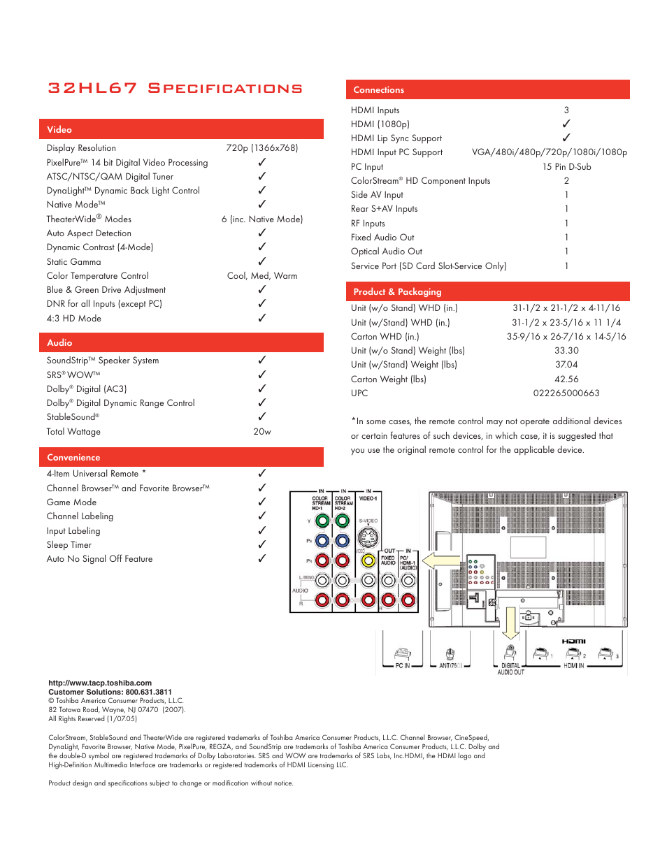 32hl67 specifications | Toshiba 32HL67 User Manual | Page 2 / 2