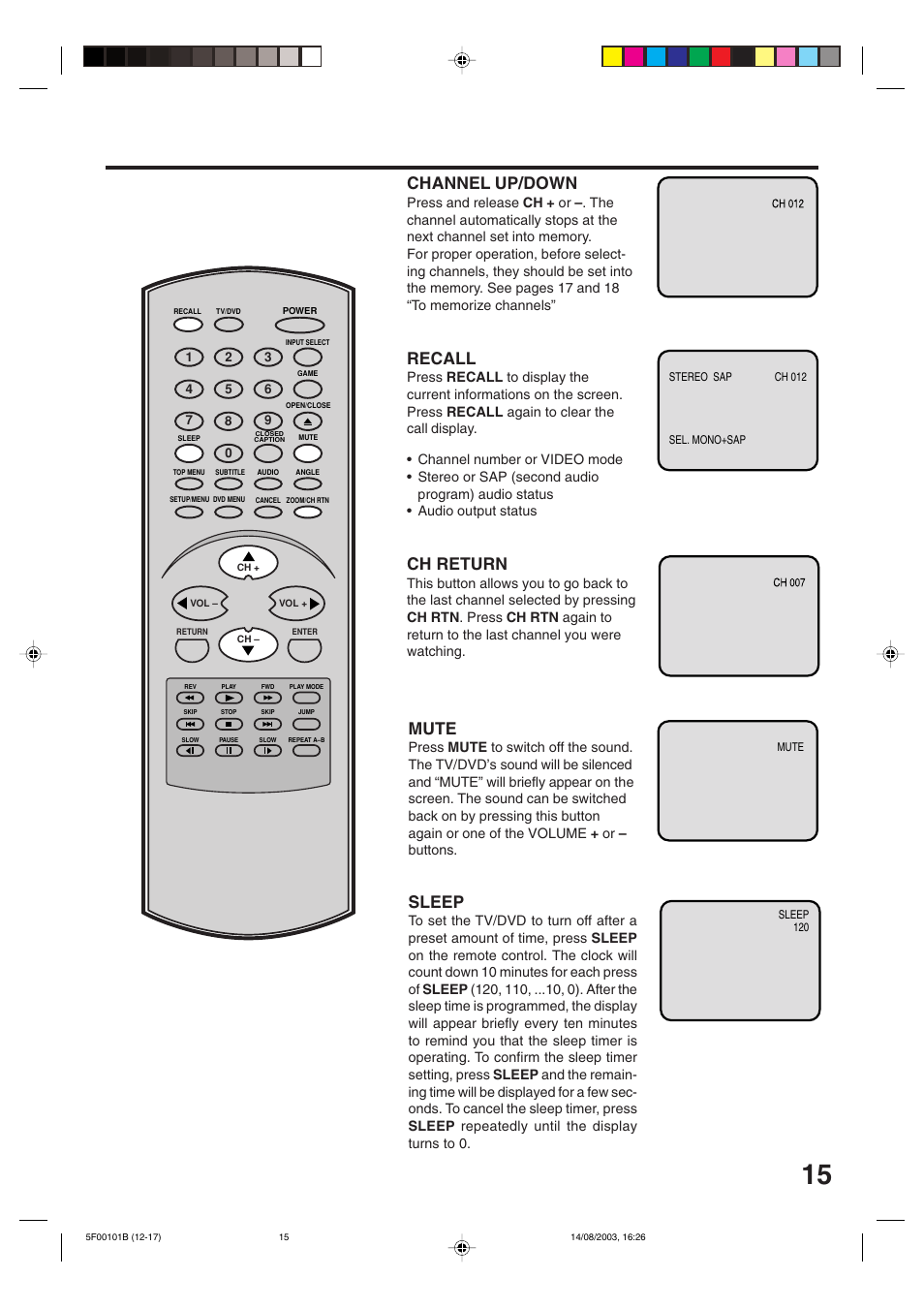 Recall, Channel up/down, Ch return | Sleep, Mute | Toshiba MD20FN1/R User Manual | Page 15 / 48