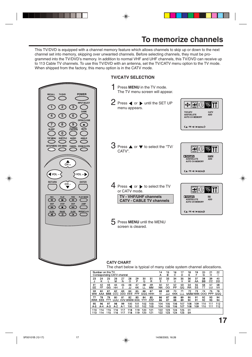 To memorize channels, Tv/catv selection | Toshiba MD20FN1/R User Manual | Page 17 / 48