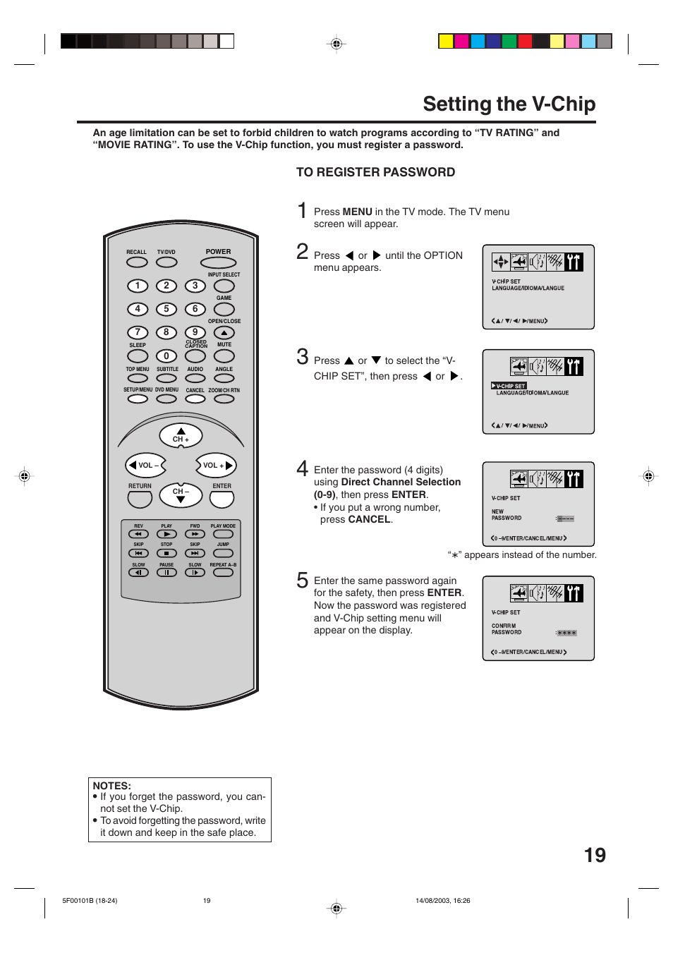 Setting up the v-chip, Setting the v-chip | Toshiba MD20FN1/R User Manual | Page 19 / 48