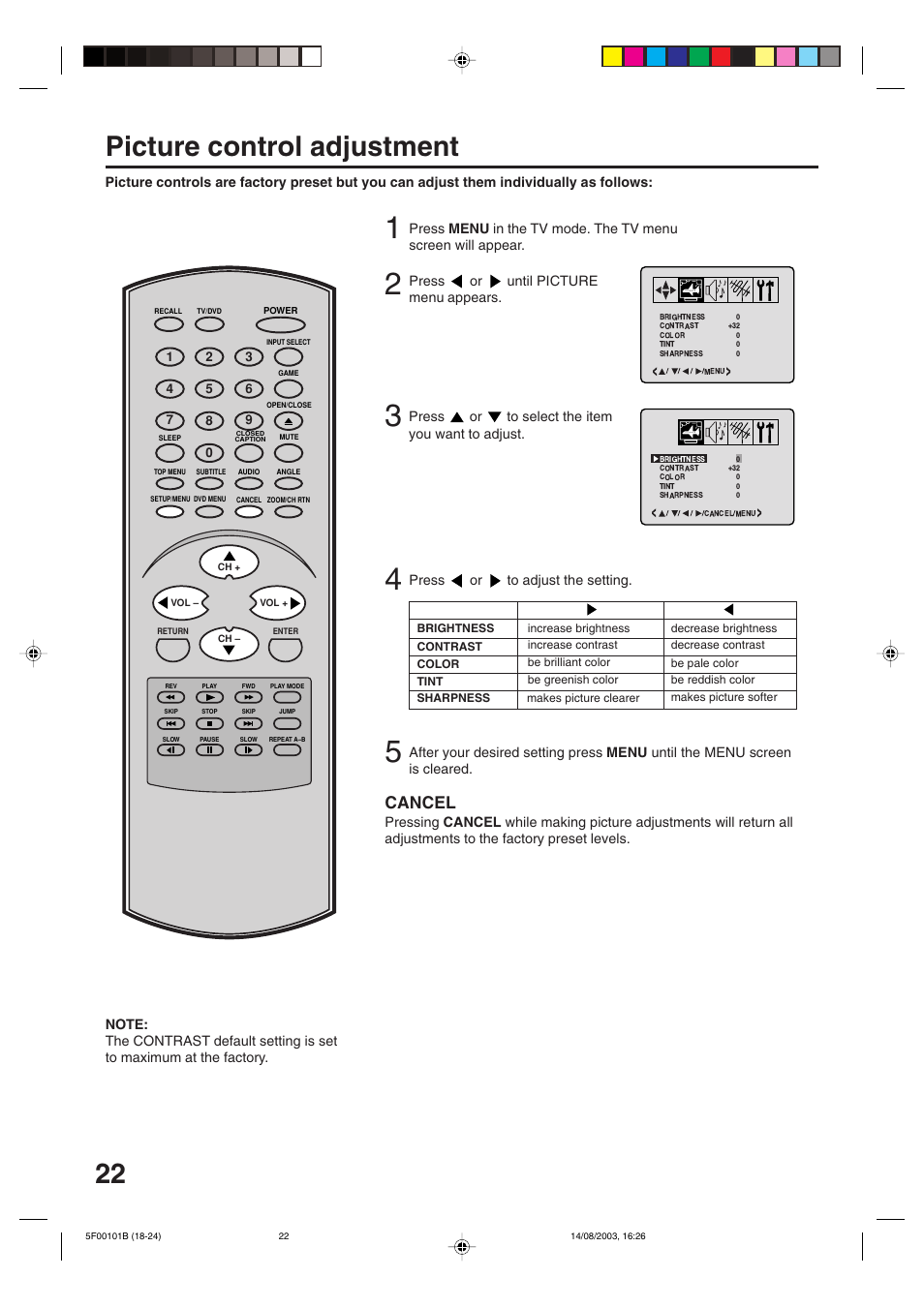 Picture control adjustment, Cancel | Toshiba MD20FN1/R User Manual | Page 22 / 48