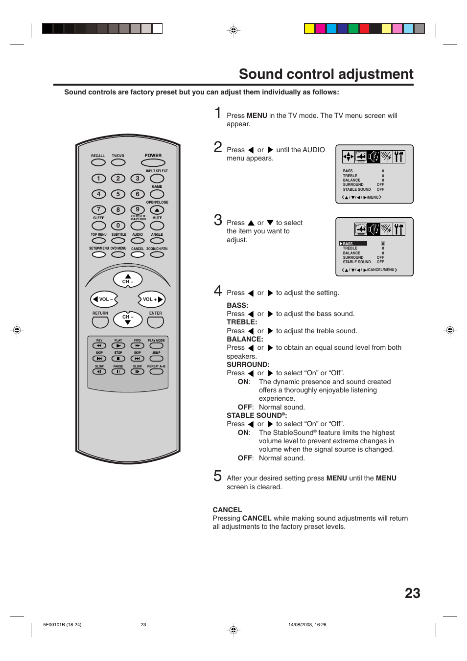 Sound control adjustment, 23 sound control adjustment | Toshiba MD20FN1/R User Manual | Page 23 / 48