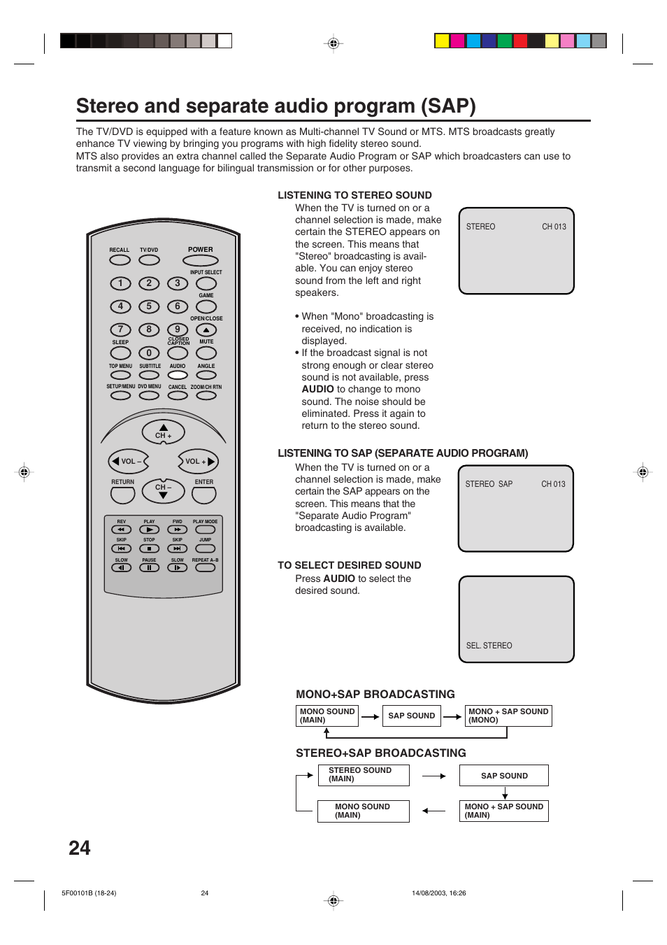 Stereo and separate audio program, Stereo and separate audio program (sap), Mono+sap broadcasting | Stereo+sap broadcasting, Listening to sap (separate audio program) | Toshiba MD20FN1/R User Manual | Page 24 / 48