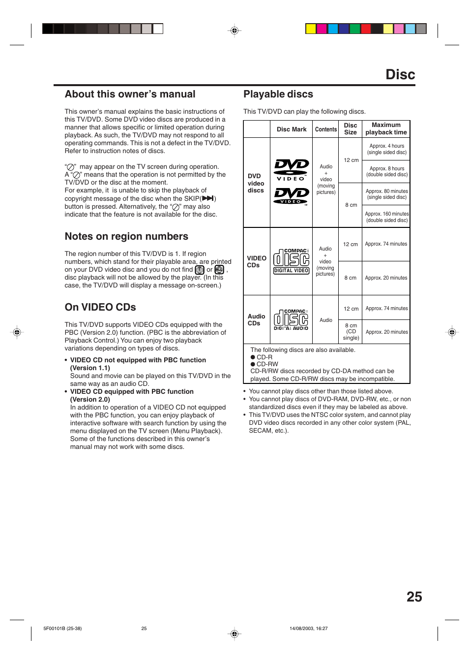 Playback operation, Disc, 25 disc | About this owner’s manual, On video cds, Playable discs | Toshiba MD20FN1/R User Manual | Page 25 / 48