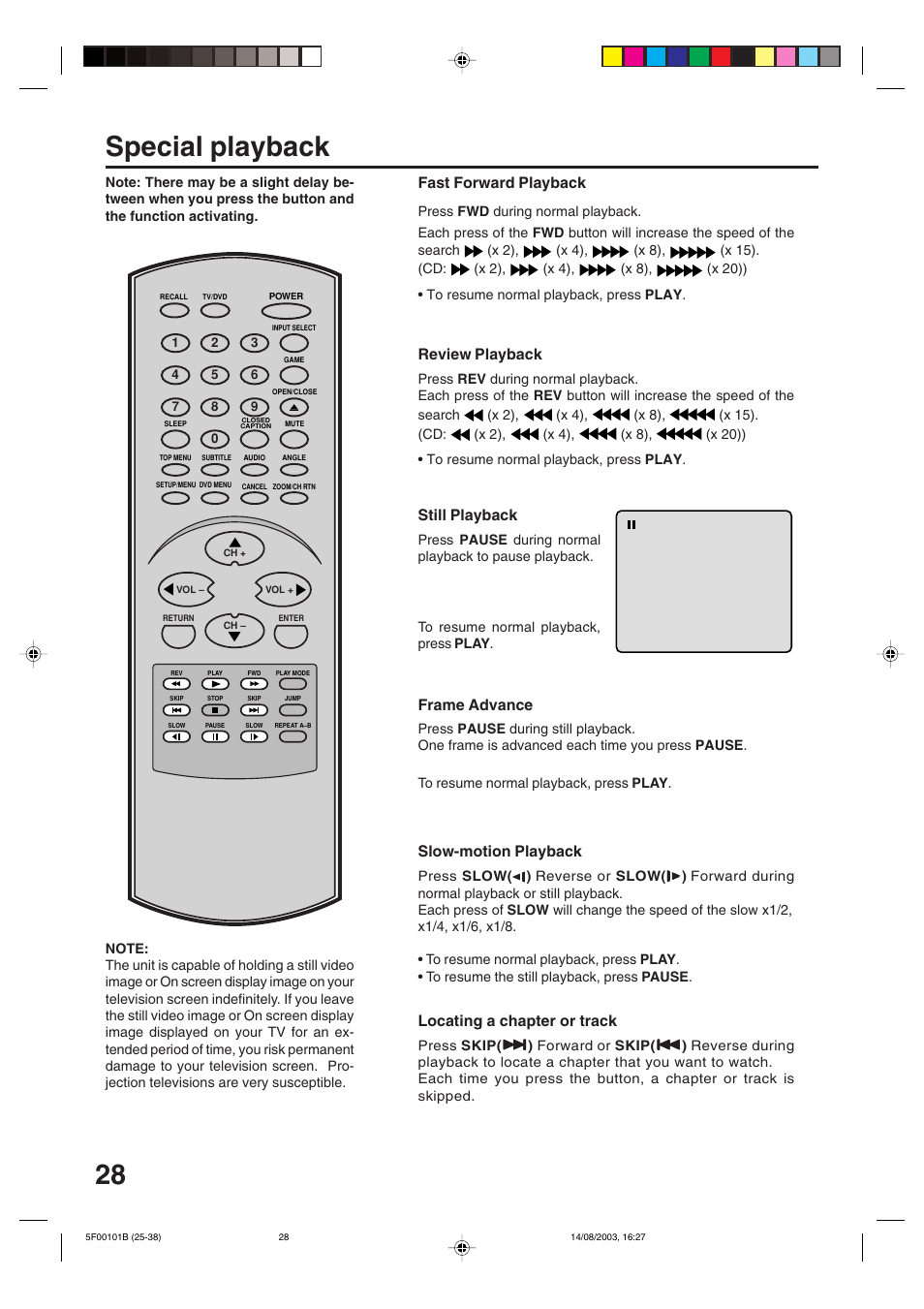 Special playback, 28 special playback, Fast forward playback | Review playback, Still playback, Frame advance, Slow-motion playback, Locating a chapter or track | Toshiba MD20FN1/R User Manual | Page 28 / 48