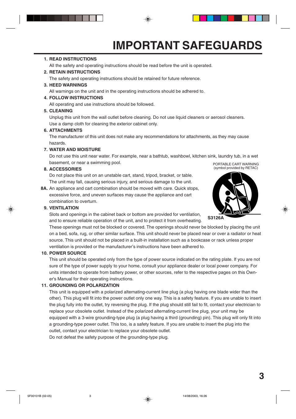 Safeguards, Important safeguards | Toshiba MD20FN1/R User Manual | Page 3 / 48