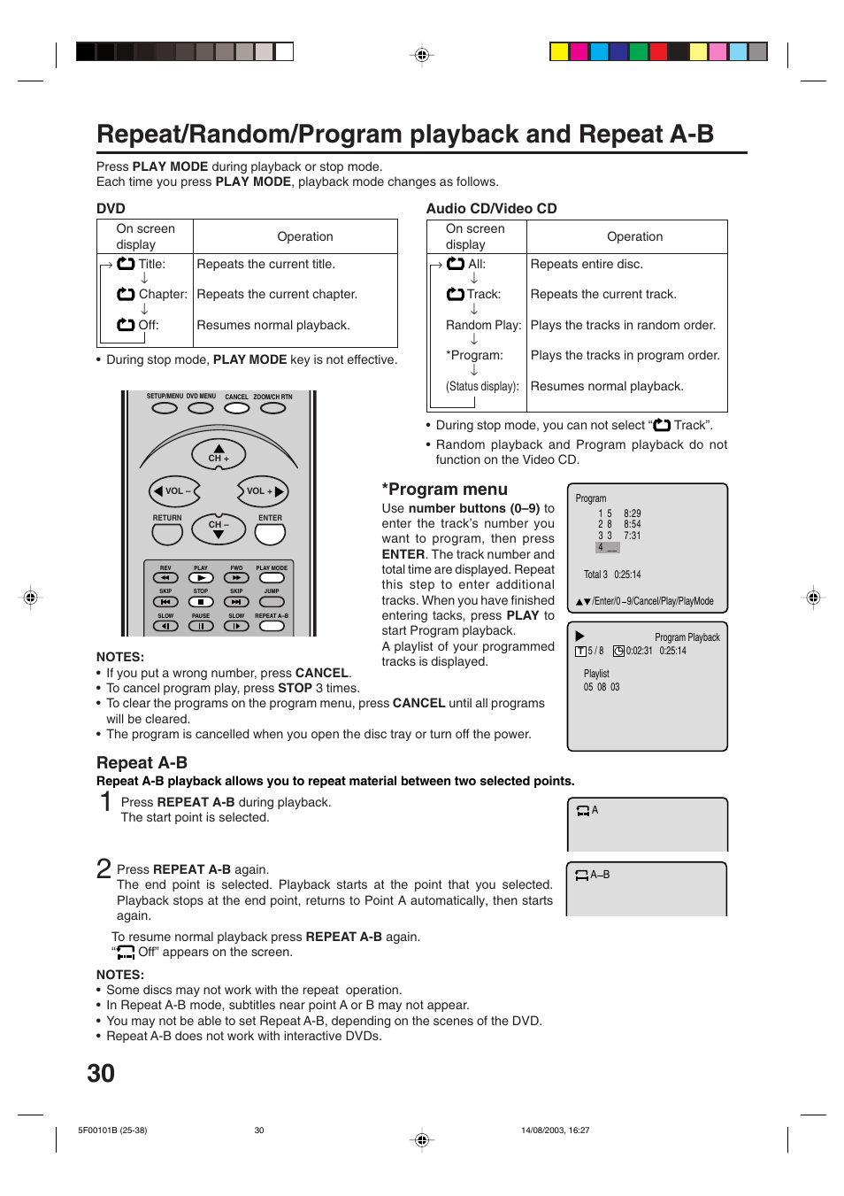 Repeat/random/program playback and repeat a-b, Repeat a-b, Program menu | Toshiba MD20FN1/R User Manual | Page 30 / 48