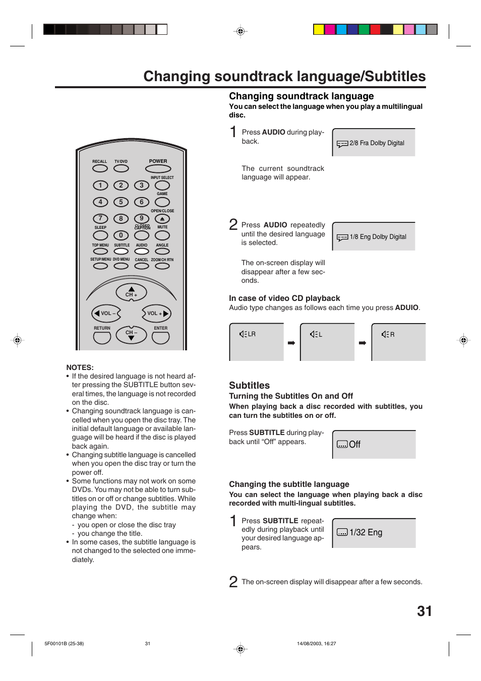 Changing soundtrack language/subtitles, Subtitles, Changing soundtrack language | 1/32 eng | Toshiba MD20FN1/R User Manual | Page 31 / 48
