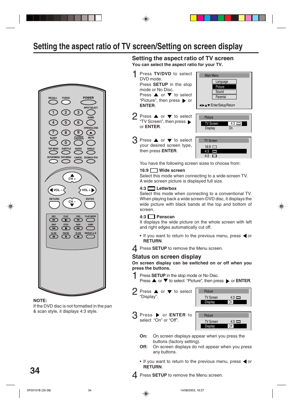 Setting the aspect ratio of tv screen, Status on screen display | Toshiba MD20FN1/R User Manual | Page 34 / 48