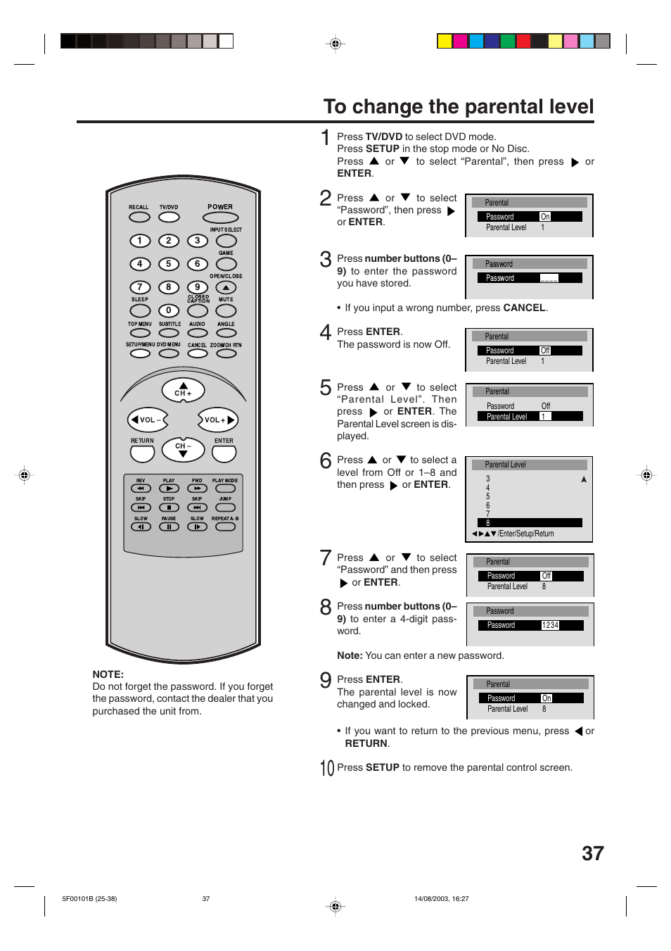 To change parental level | Toshiba MD20FN1/R User Manual | Page 37 / 48