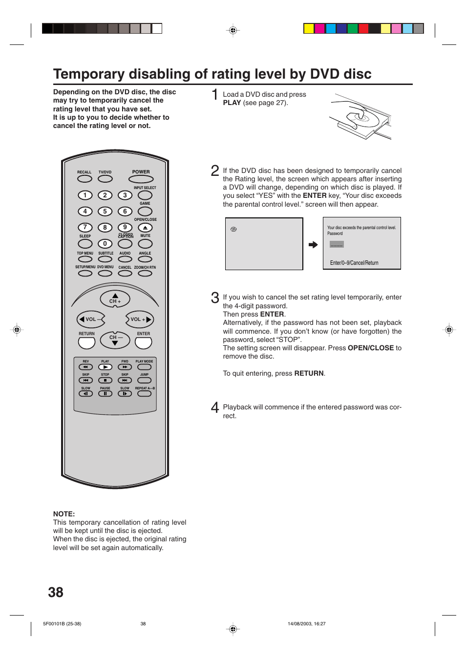 Temporary disabling of rating level by dvd disc | Toshiba MD20FN1/R User Manual | Page 38 / 48
