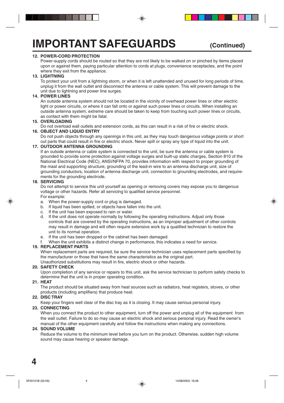 Important safeguards, Continued) | Toshiba MD20FN1/R User Manual | Page 4 / 48