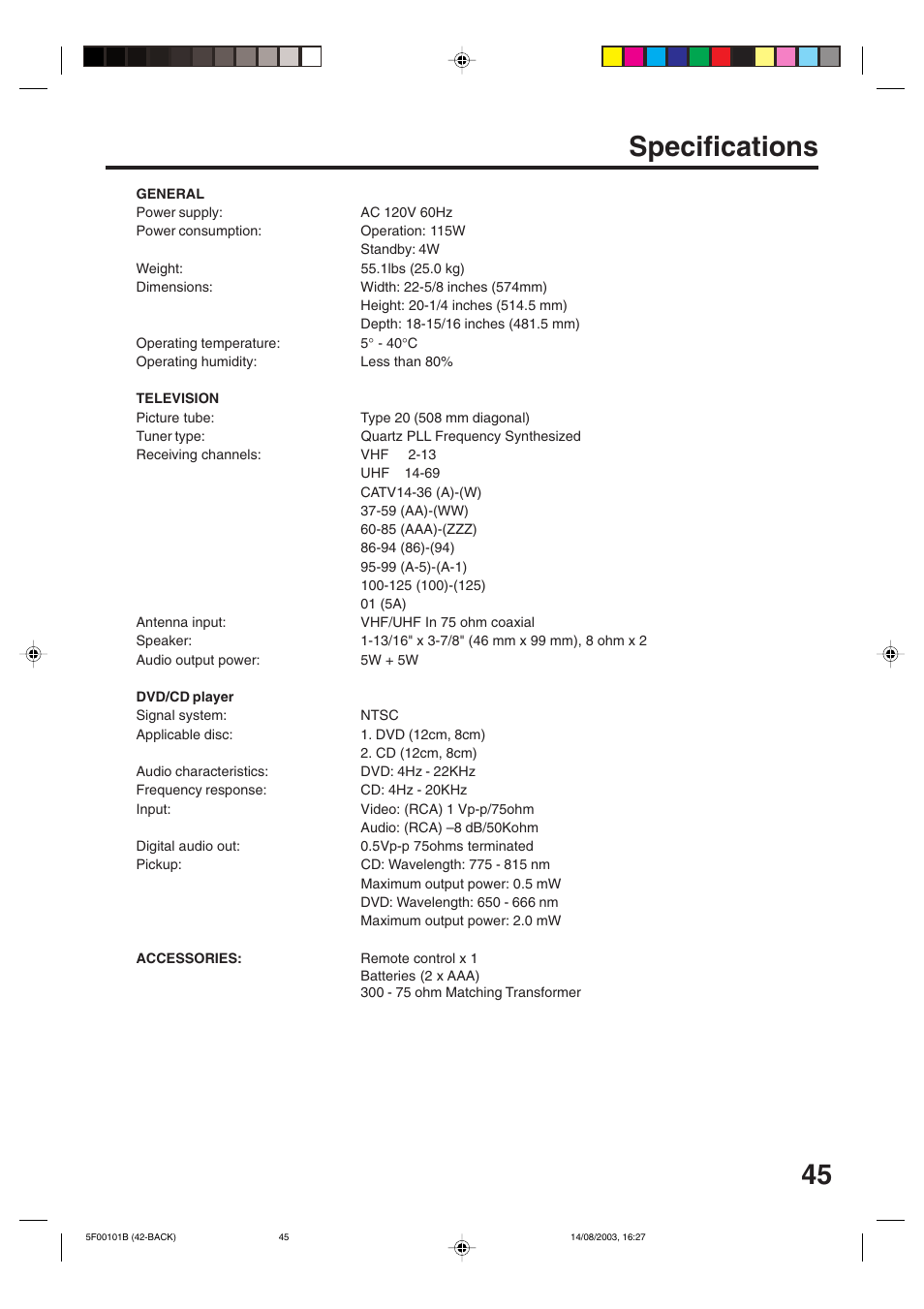 Specifications | Toshiba MD20FN1/R User Manual | Page 45 / 48