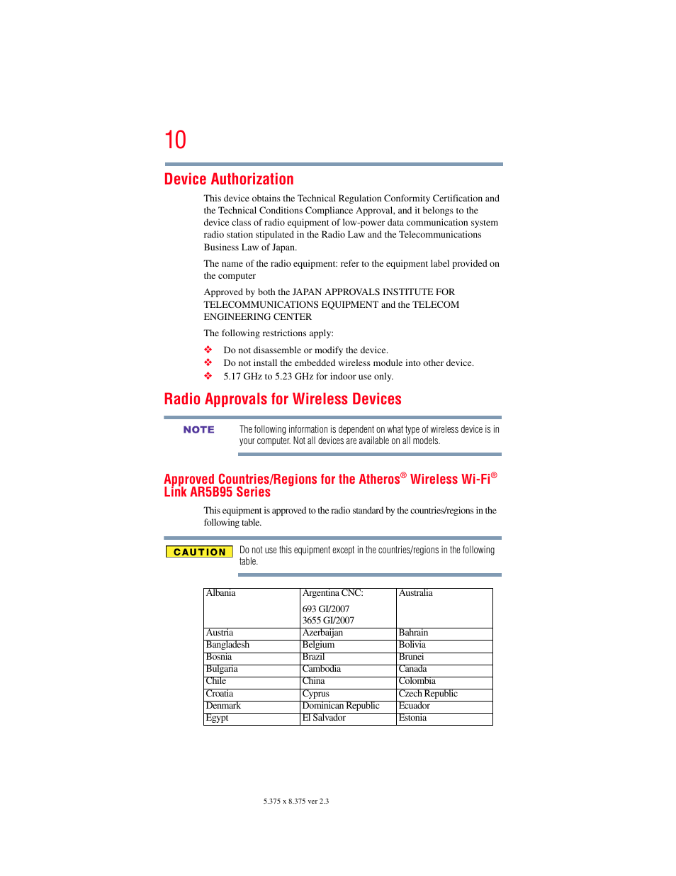 Device authorization, Radio approvals for wireless devices | Toshiba NB250 User Manual | Page 10 / 197