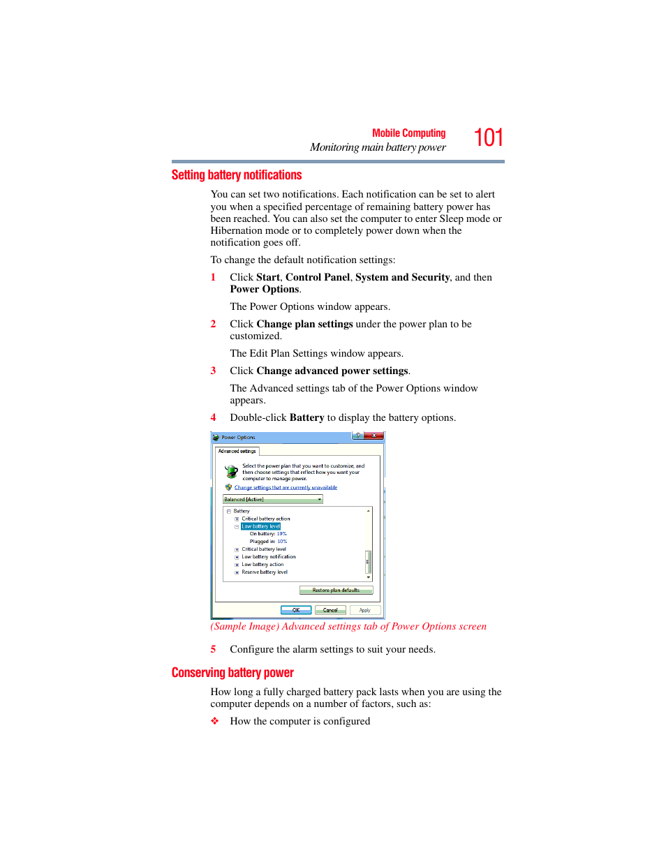 Setting battery notifications, Conserving battery power | Toshiba NB250 User Manual | Page 101 / 197