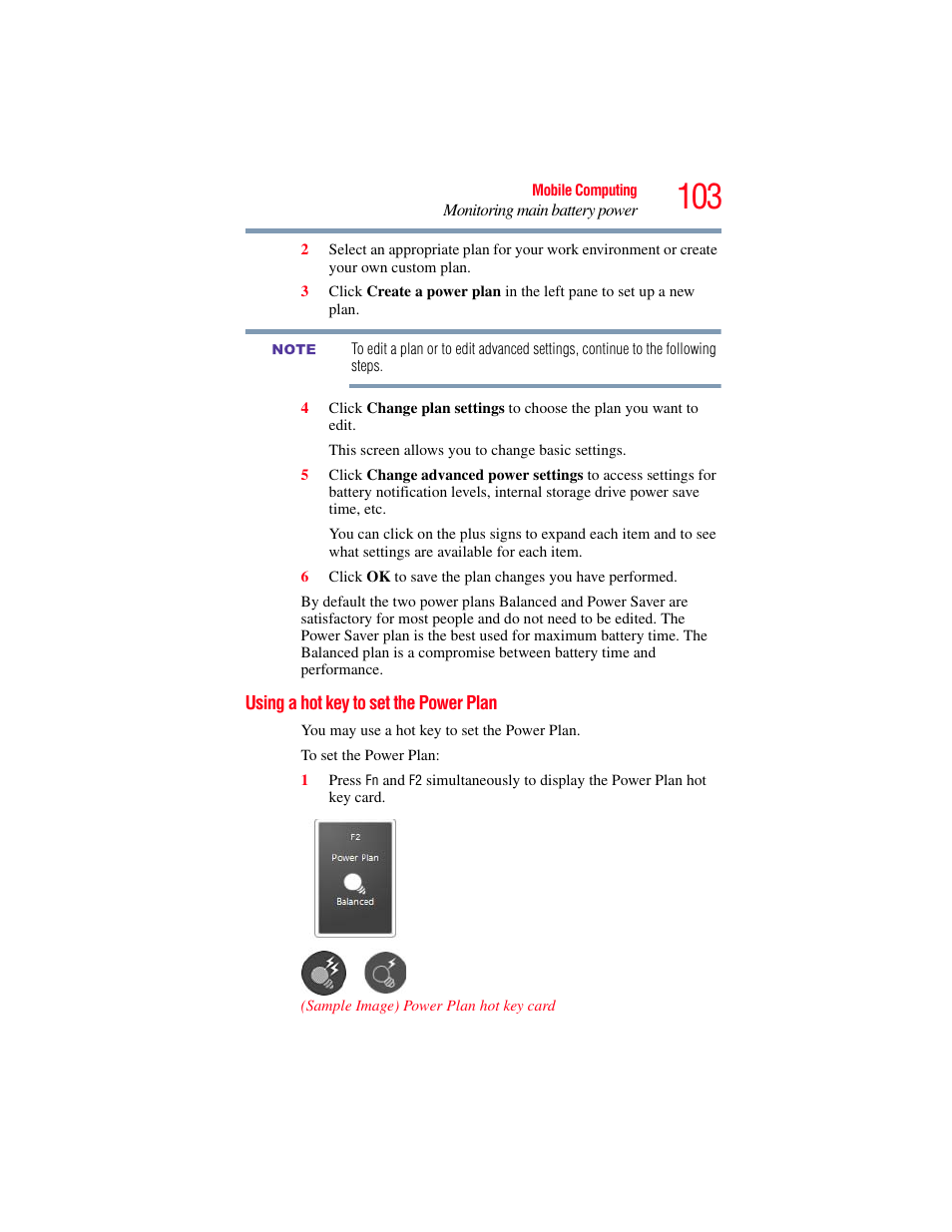 Using a hot key to set the power plan | Toshiba NB250 User Manual | Page 103 / 197