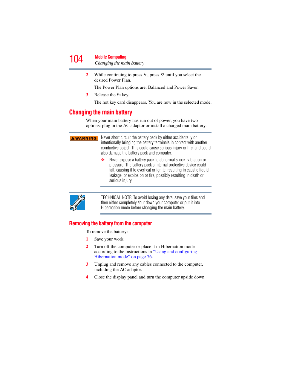 Changing the main battery, Removing the battery from the computer | Toshiba NB250 User Manual | Page 104 / 197