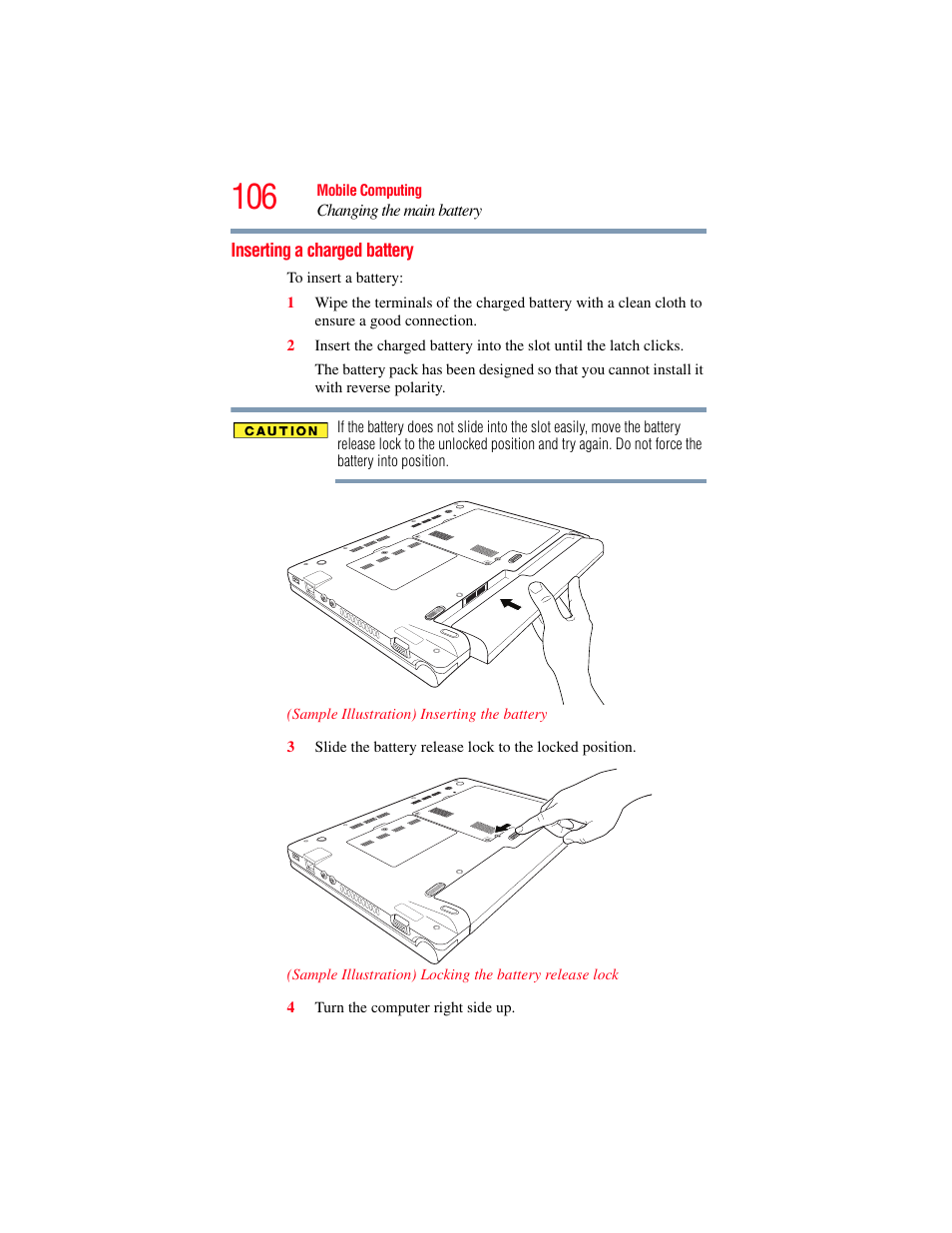 Inserting a charged battery | Toshiba NB250 User Manual | Page 106 / 197