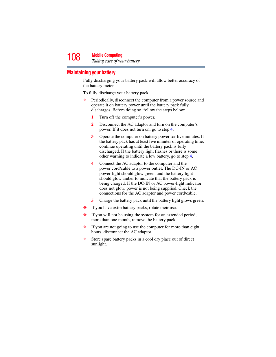 Maintaining your battery, Maintaining your battery” on | Toshiba NB250 User Manual | Page 108 / 197