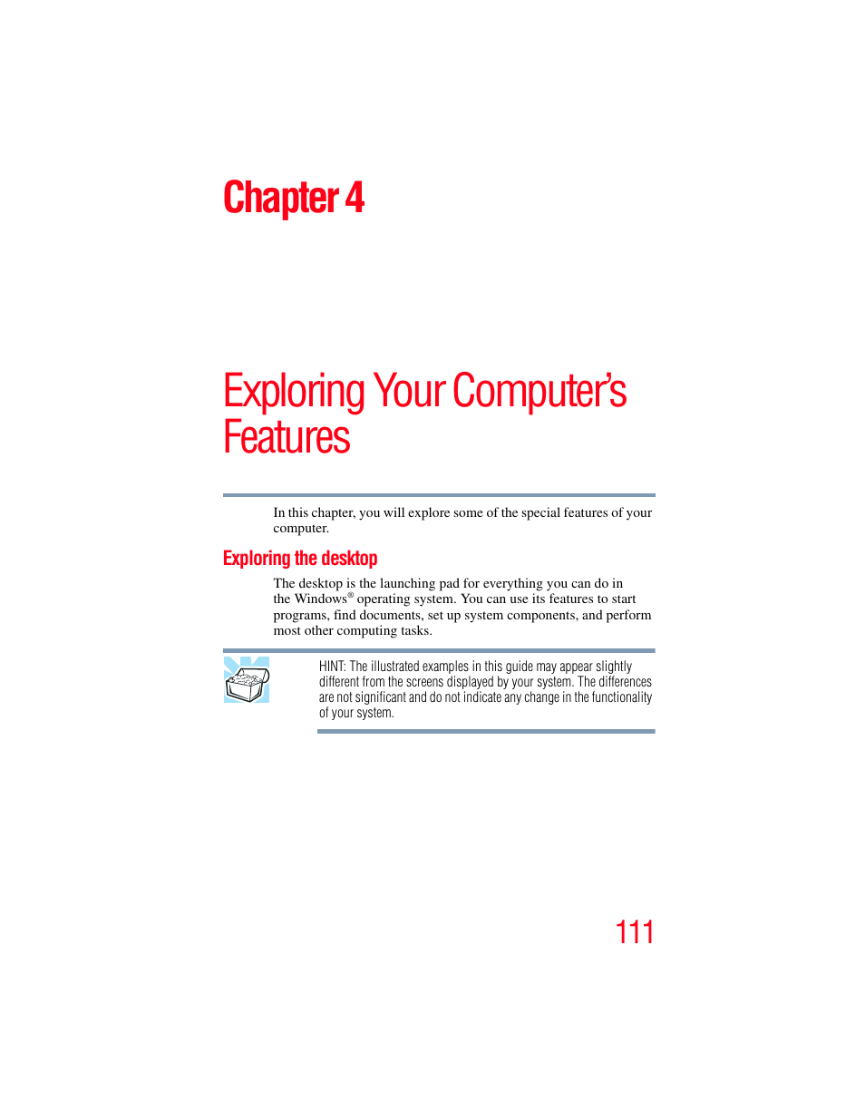 Chapter 4: exploring your computer’s features, Exploring the desktop, Exploring your computer’s features | Chapter 4 | Toshiba NB250 User Manual | Page 111 / 197