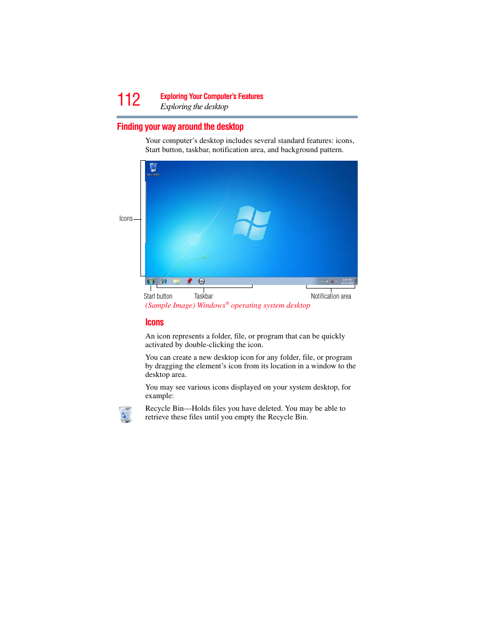 Finding your way around the desktop | Toshiba NB250 User Manual | Page 112 / 197