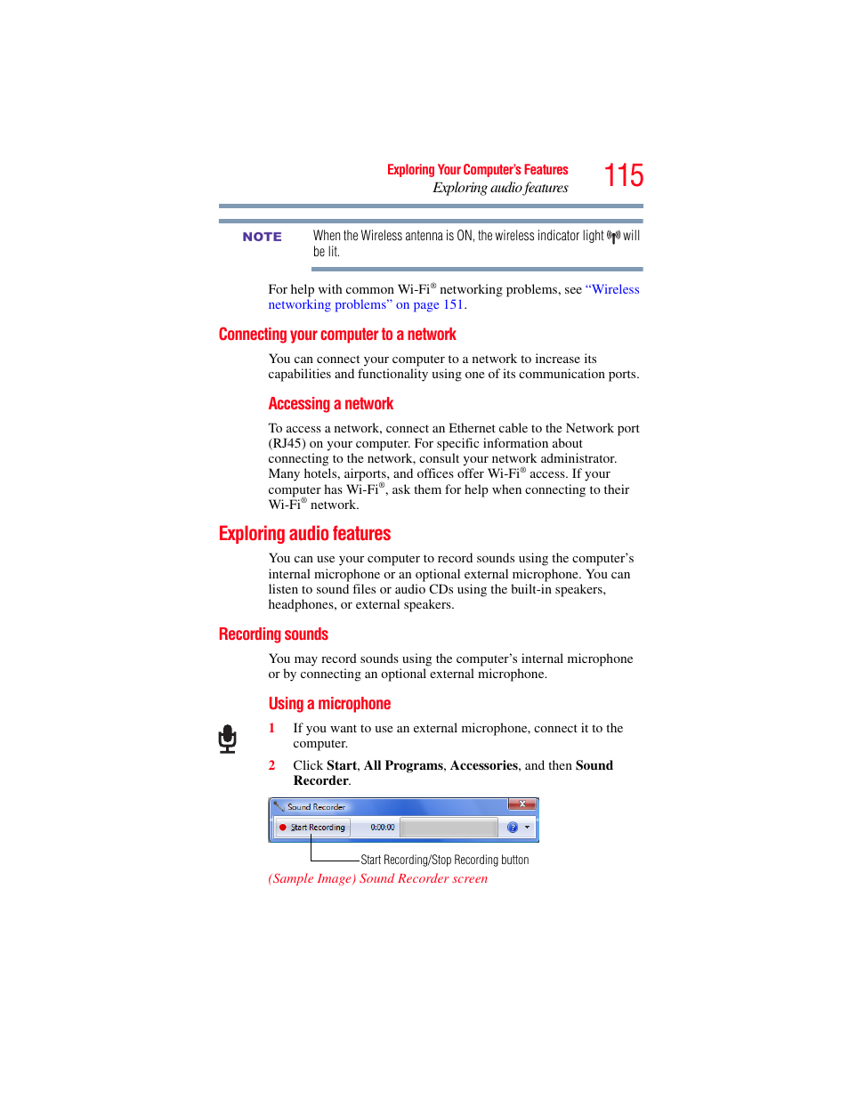 Connecting your computer to a network, Exploring audio features, Recording sounds | Toshiba NB250 User Manual | Page 115 / 197