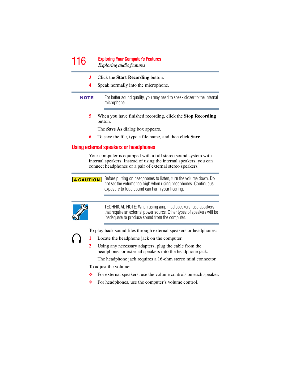 Using external speakers or headphones | Toshiba NB250 User Manual | Page 116 / 197