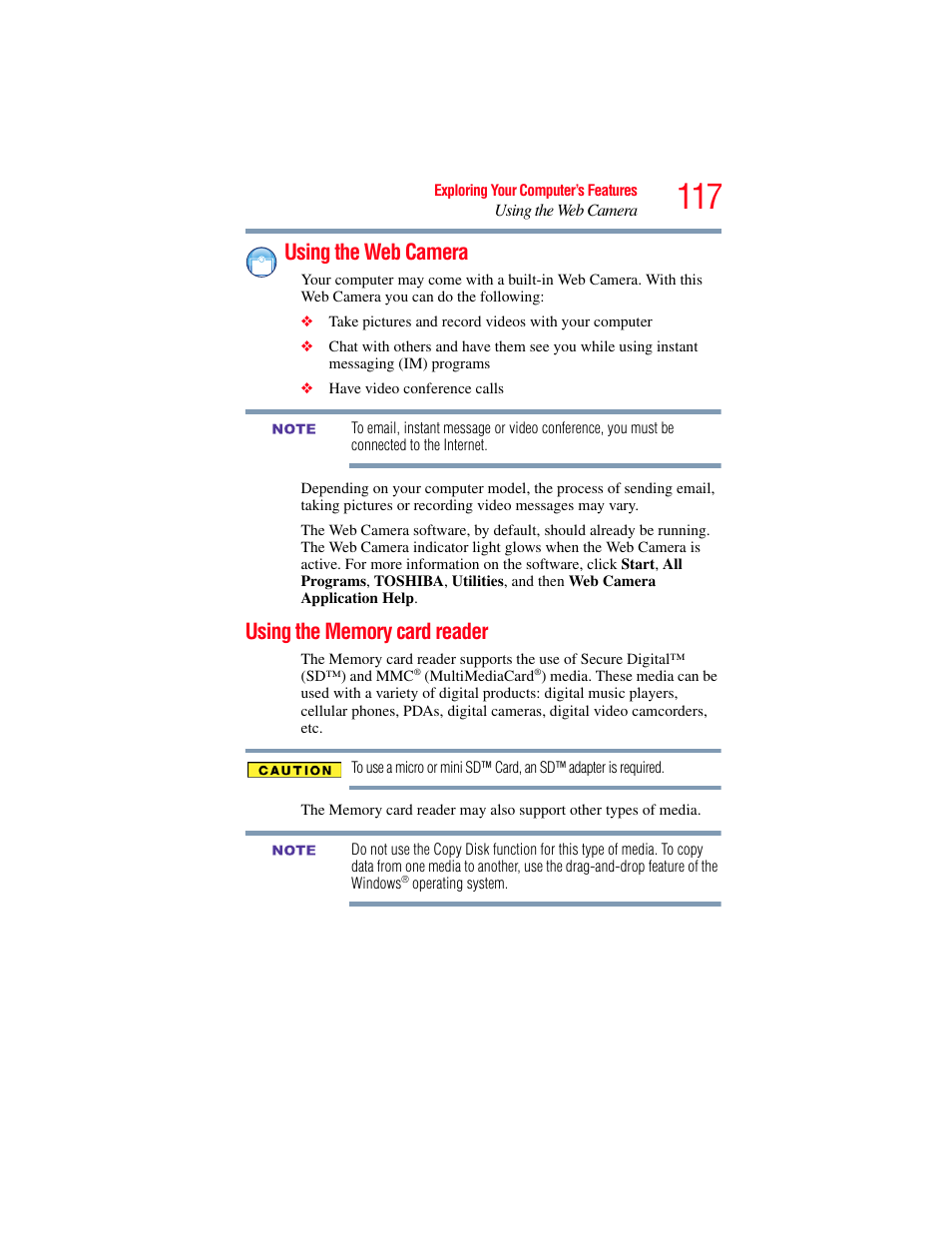 Using the web camera, Using the memory card reader, Using the web camera using the memory card reader | Toshiba NB250 User Manual | Page 117 / 197
