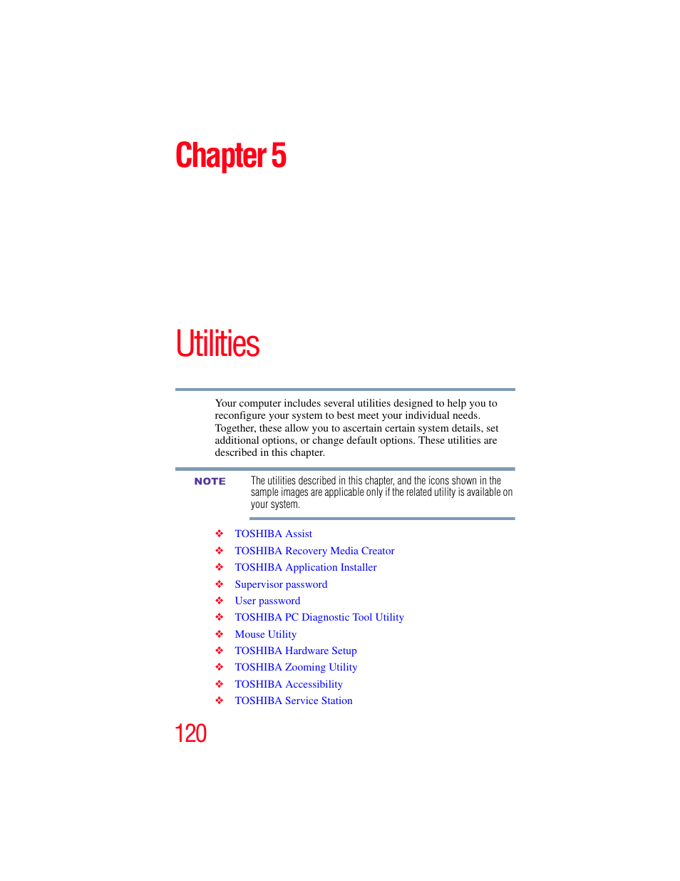 Chapter 5: utilities, Se. see, Utilities” on | Utilities, Chapter 5 | Toshiba NB250 User Manual | Page 120 / 197